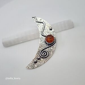 Crescent Moon Amber 925 Stamped Silver Plated Antqiue Style Pendant 3"